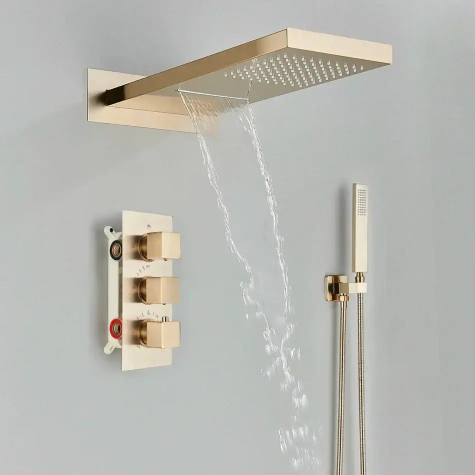 Modern black thermostatic rainfall shower faucet with handshower bathroom