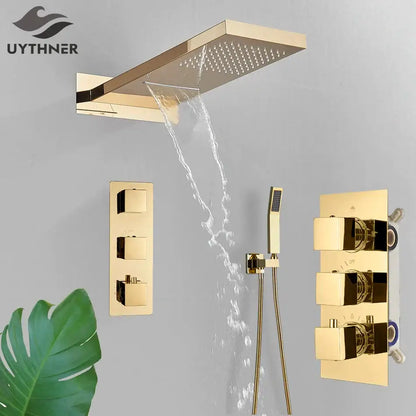 Modern black thermostatic rainfall shower faucet with handshower bathroom