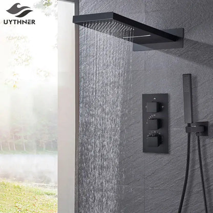 Modern black thermostatic rainfall shower faucet with handshower bathroom