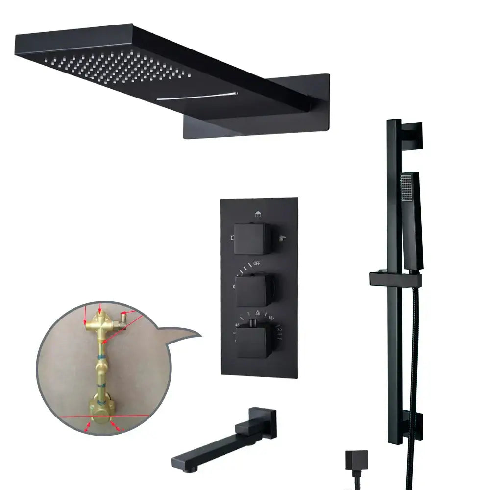 Modern black thermostatic rainfall shower faucet with handshower bathroom