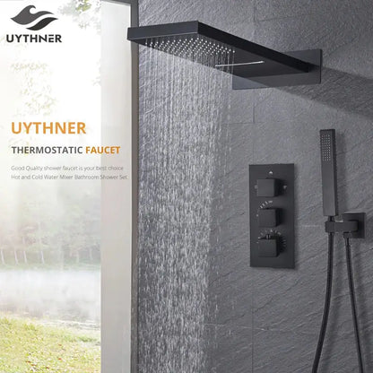 Modern black thermostatic rainfall shower faucet with handshower bathroom