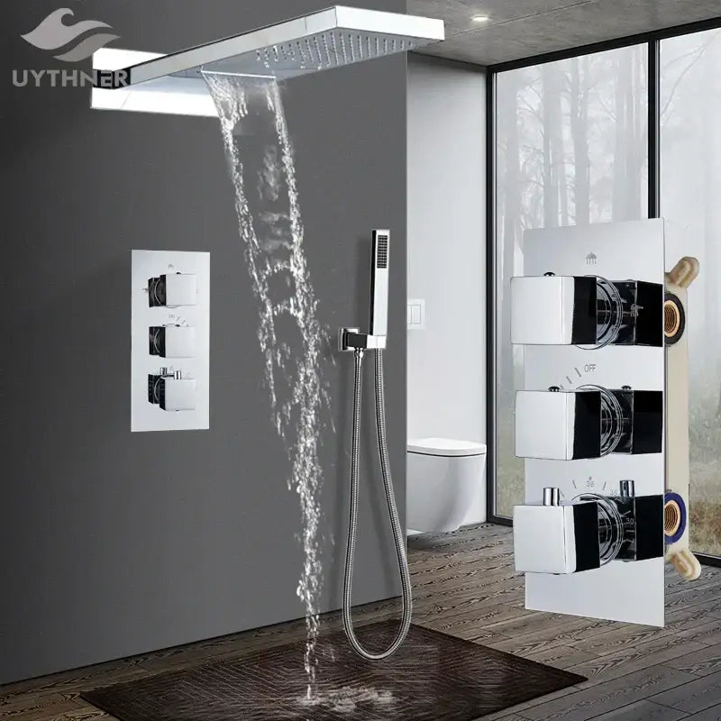 Modern black thermostatic rainfall shower faucet with handshower bathroom