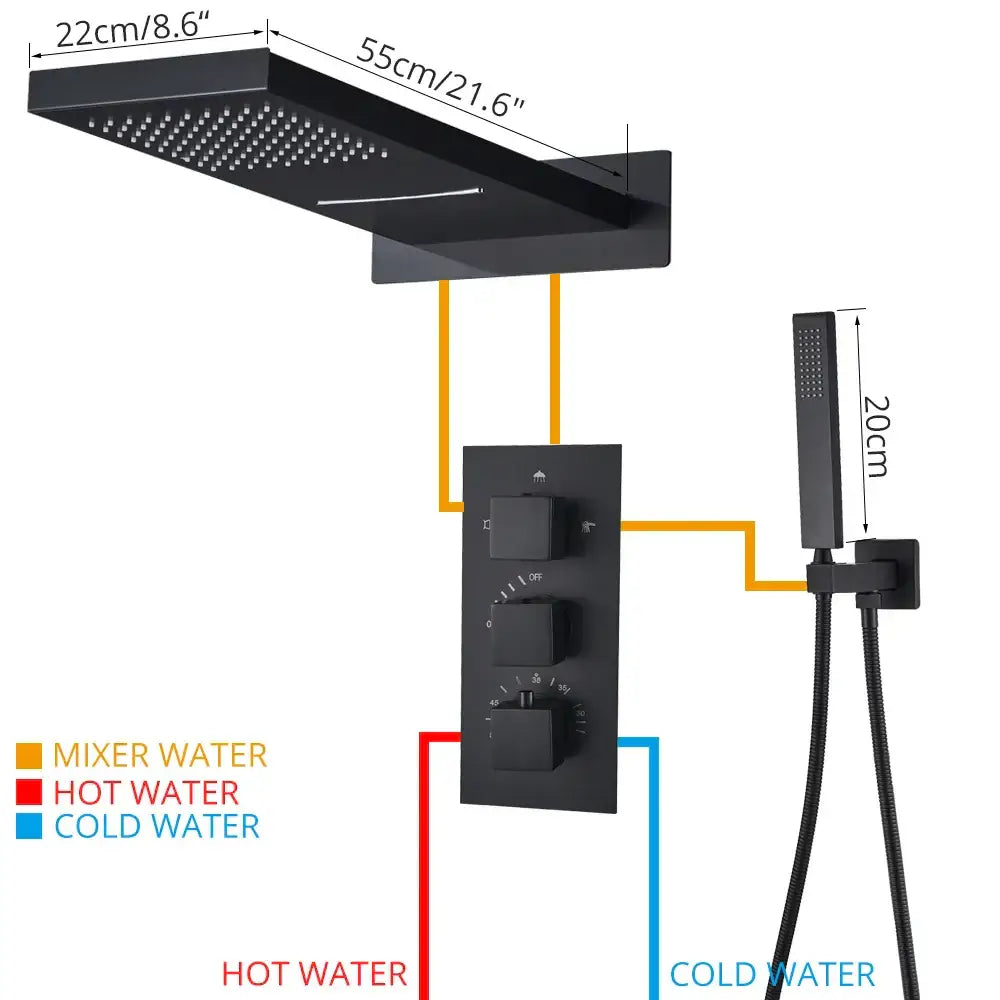 Modern black thermostatic rainfall shower faucet with handshower bathroom