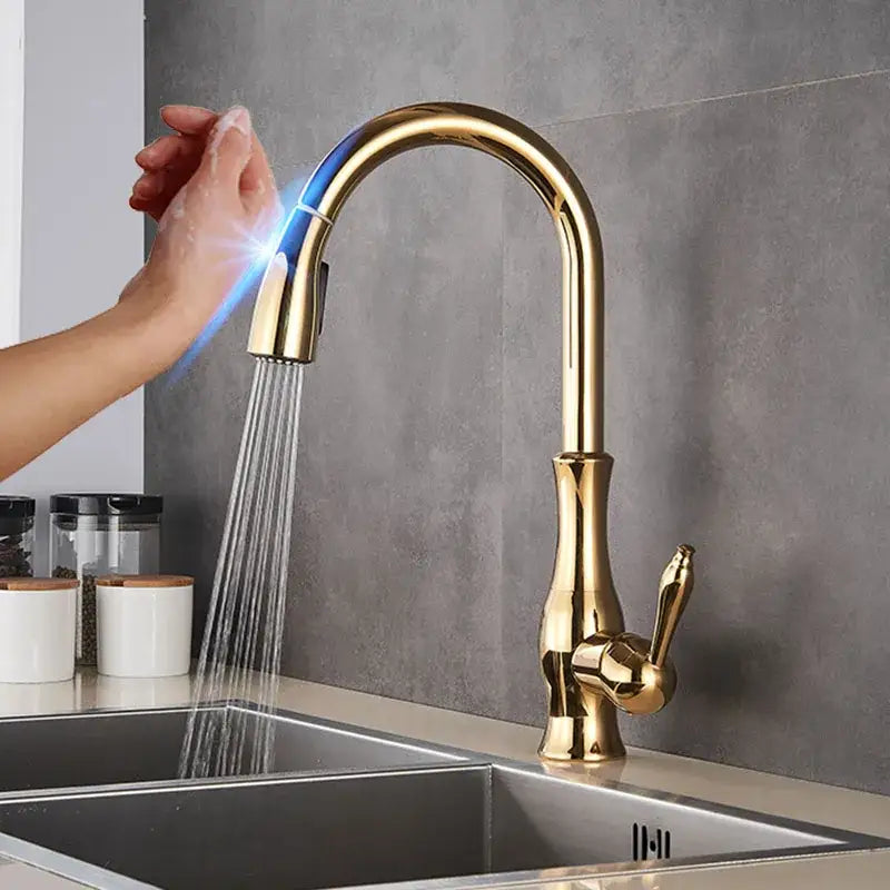 Modern black touch sensor kitchen faucet with curved spout