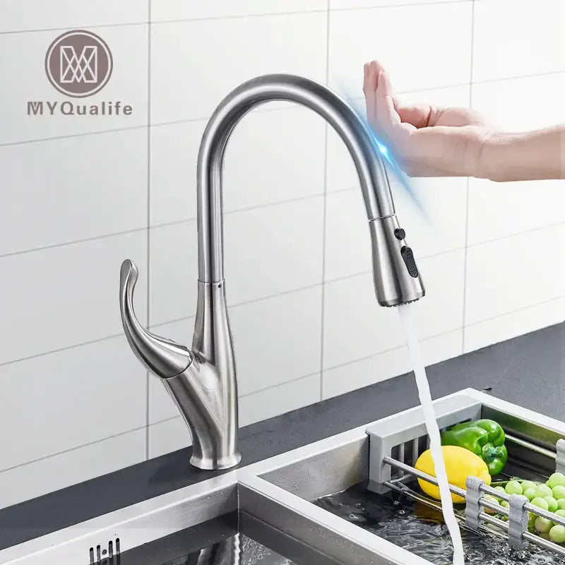 Modern black touch sensor kitchen faucet with curved spout