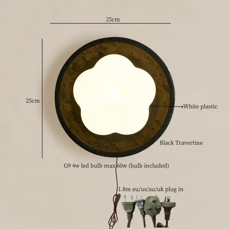Modern black travertine flower led wall lights bedroom sconce