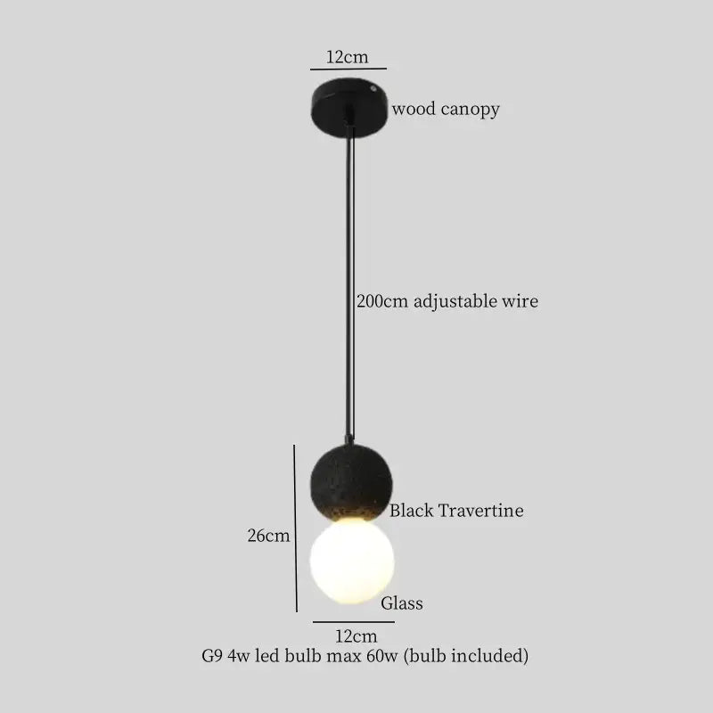 Modern black travertine pendant light bedroom led hanging lamp