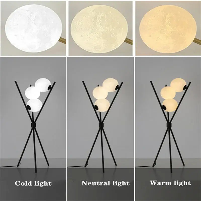 Modern black tripod moon floor lamp with white bulbs living room