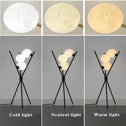 Modern black tripod moon floor lamp with white bulbs living room