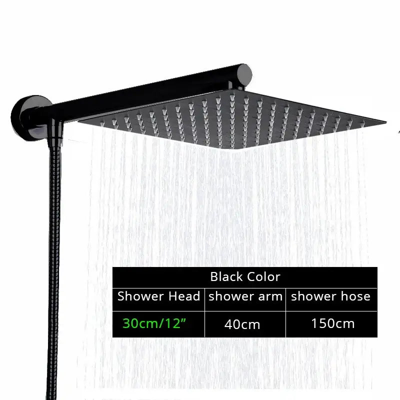 Modern black ultrathin rainfall shower head set with hose for bathroom