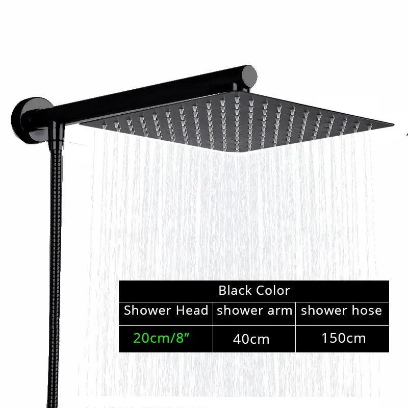 Modern black ultrathin rainfall shower head set with hose for bathroom