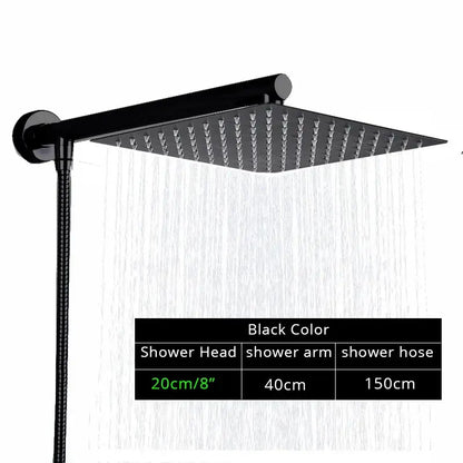 Modern black ultrathin rainfall shower head set with hose for bathroom