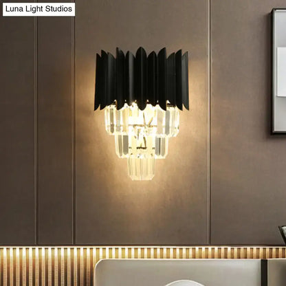 Modern black wall sconce with clear crystal prisms bedroom light
