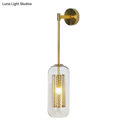 Modern black wall sconce with clear glass and wire mesh stairway light