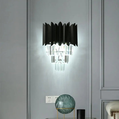 DecorBites™ Modern Black Wall Sconce with Tapered Bulbs, Clear Crystal Prisms - Flush Mount
