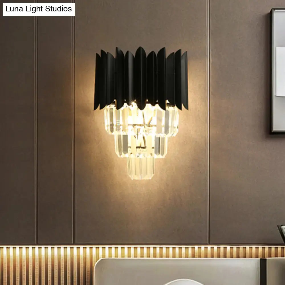 DecorBites™ Modern Black Wall Sconce with Tapered Bulbs, Clear Crystal Prisms - Flush Mount