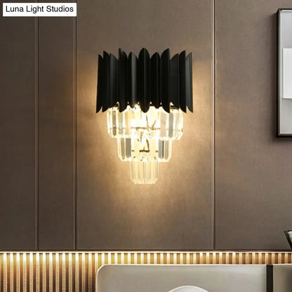 DecorBites™ Modern Black Wall Sconce with Tapered Bulbs, Clear Crystal Prisms - Flush Mount