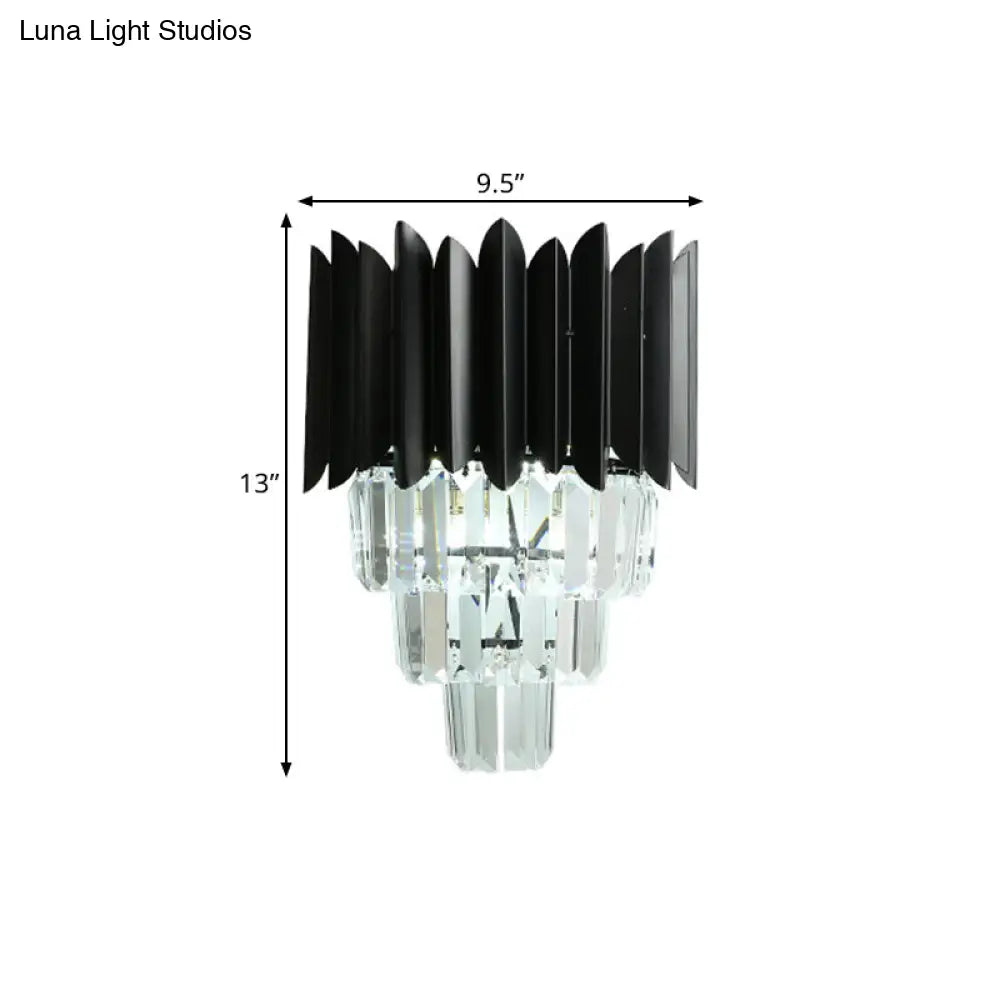 DecorBites™ Modern Black Wall Sconce with Tapered Bulbs, Clear Crystal Prisms - Flush Mount