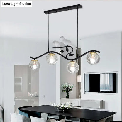 Modern black wavy branch 4-light dining room hanging lamp bird deco