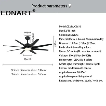 Modern black & white 8-blade ceiling fan with remote control bedroom