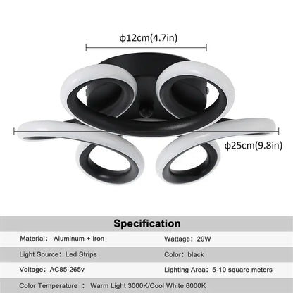 Modern black & white acrylic led ceiling light bedroom swirl design