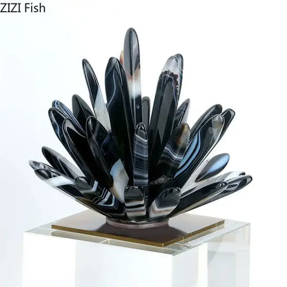 Modern black & white agate flower crystal art – living room decor