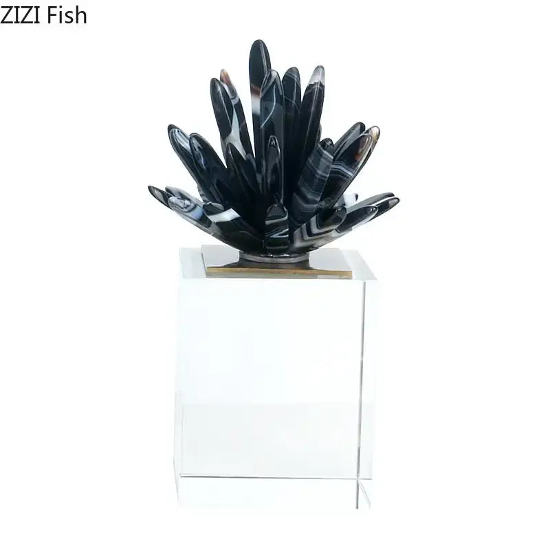 Modern black & white agate flower crystal art – living room decor