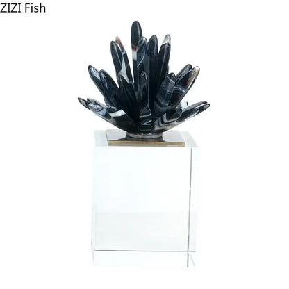 Modern black & white agate flower crystal art – living room decor