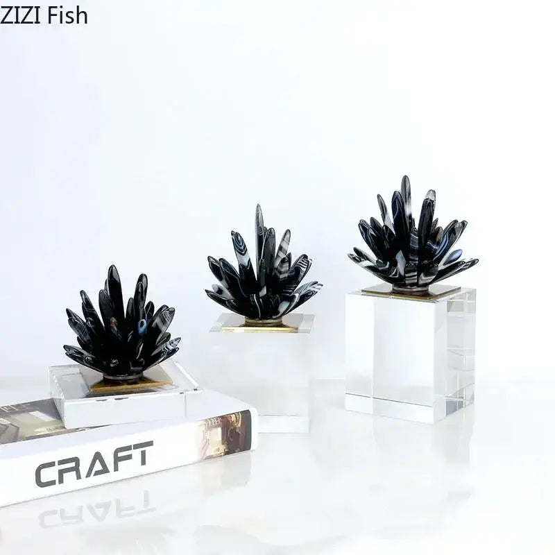 Modern black & white agate flower crystal art – living room decor