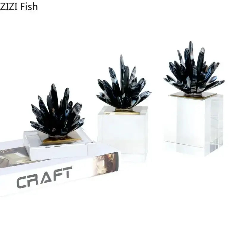 Modern black & white agate flower crystal art – living room decor