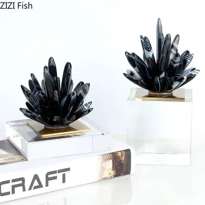 Modern black & white agate flower crystal art – living room decor