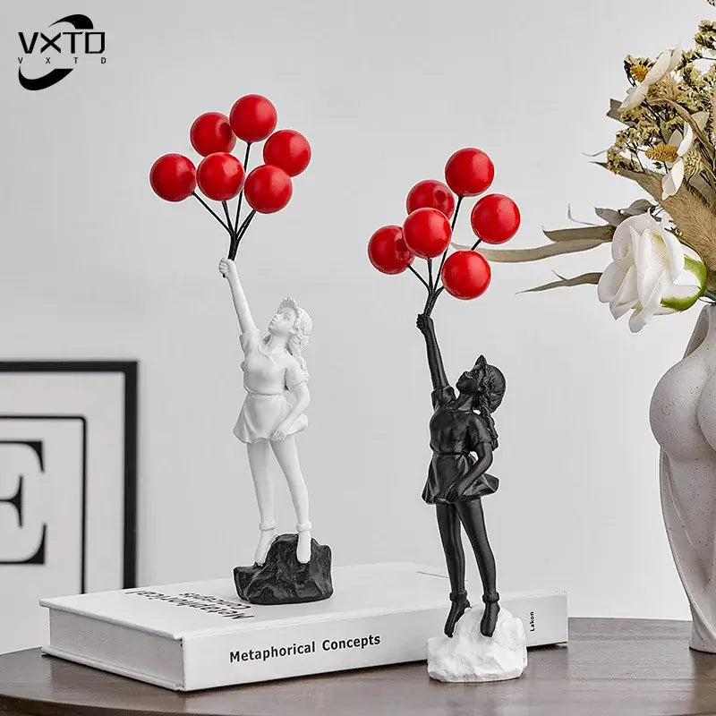 Modern black & white balloon girl graffiti statue living room decor