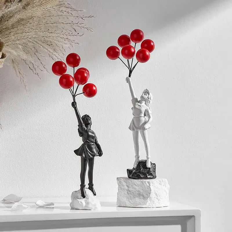 Modern black & white balloon girl graffiti statue living room decor