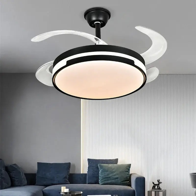 Modern black & white ceiling fan with retractable blades bedroom light