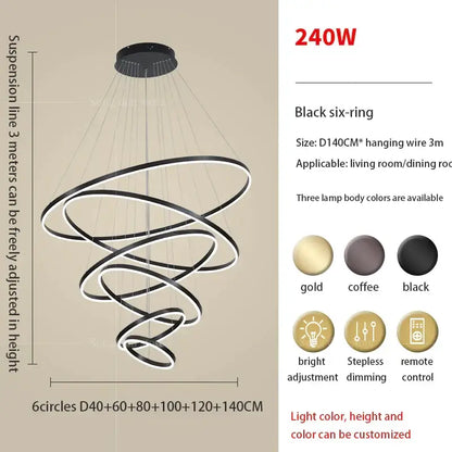 Modern black & white circle ring art chandelier staircase light