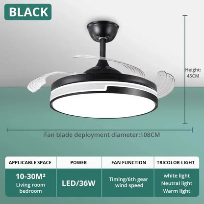 Modern black & white copper ceiling fan with led light bedroom