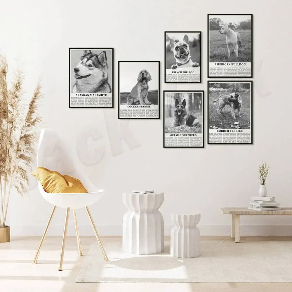 Modern black & white dog breeds poster set – living room wall art
