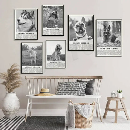 Modern black & white dog breeds poster set – living room wall art