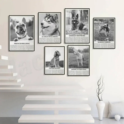 Modern black & white dog breeds poster set – living room wall art