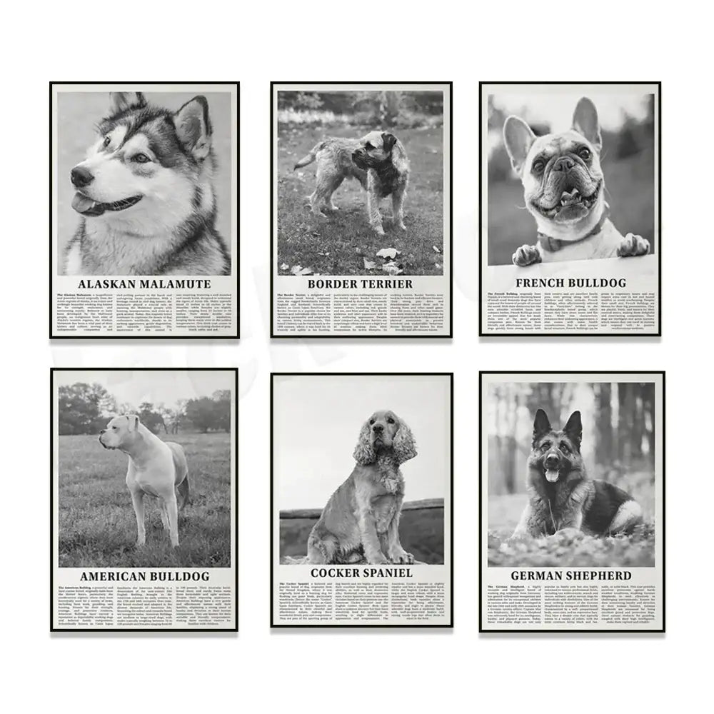 Modern black & white dog breeds poster set – living room wall art