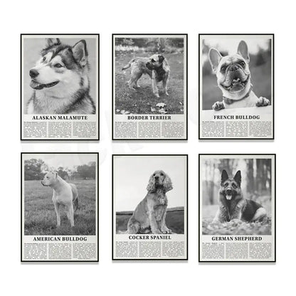 Modern black & white dog breeds poster set – living room wall art