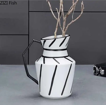 Modern black & white elegant striped ceramic vase living room decor