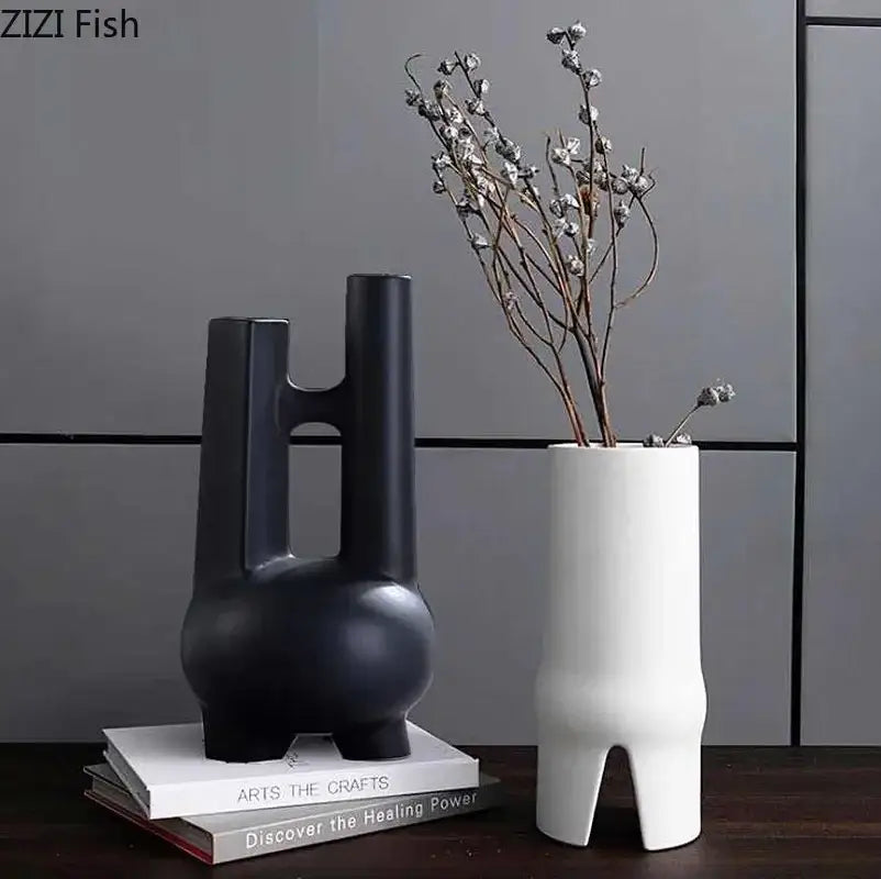 Modern black & white elegant striped ceramic vase living room decor