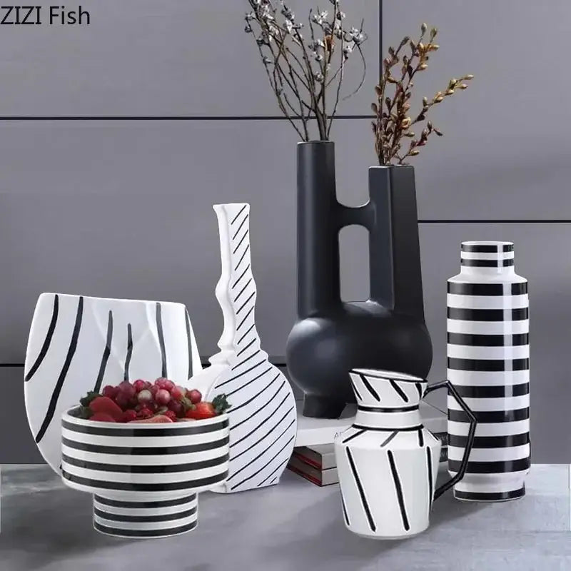 Modern black & white elegant striped ceramic vase living room decor