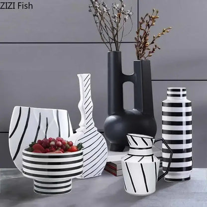 Modern black & white elegant striped ceramic vase living room decor