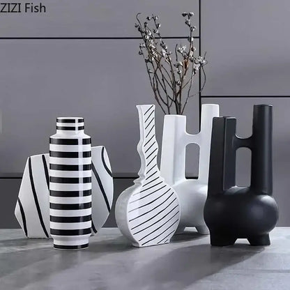 Modern black & white elegant striped ceramic vase living room decor