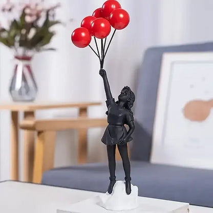 Modern black & white flying love balloon girl sculpture living room decor