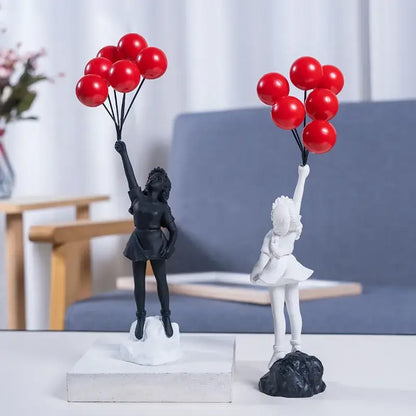 Modern black & white flying love balloon girl sculpture living room decor