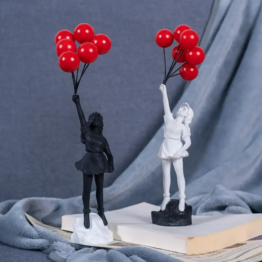 Modern black & white flying love balloon girl sculpture living room decor