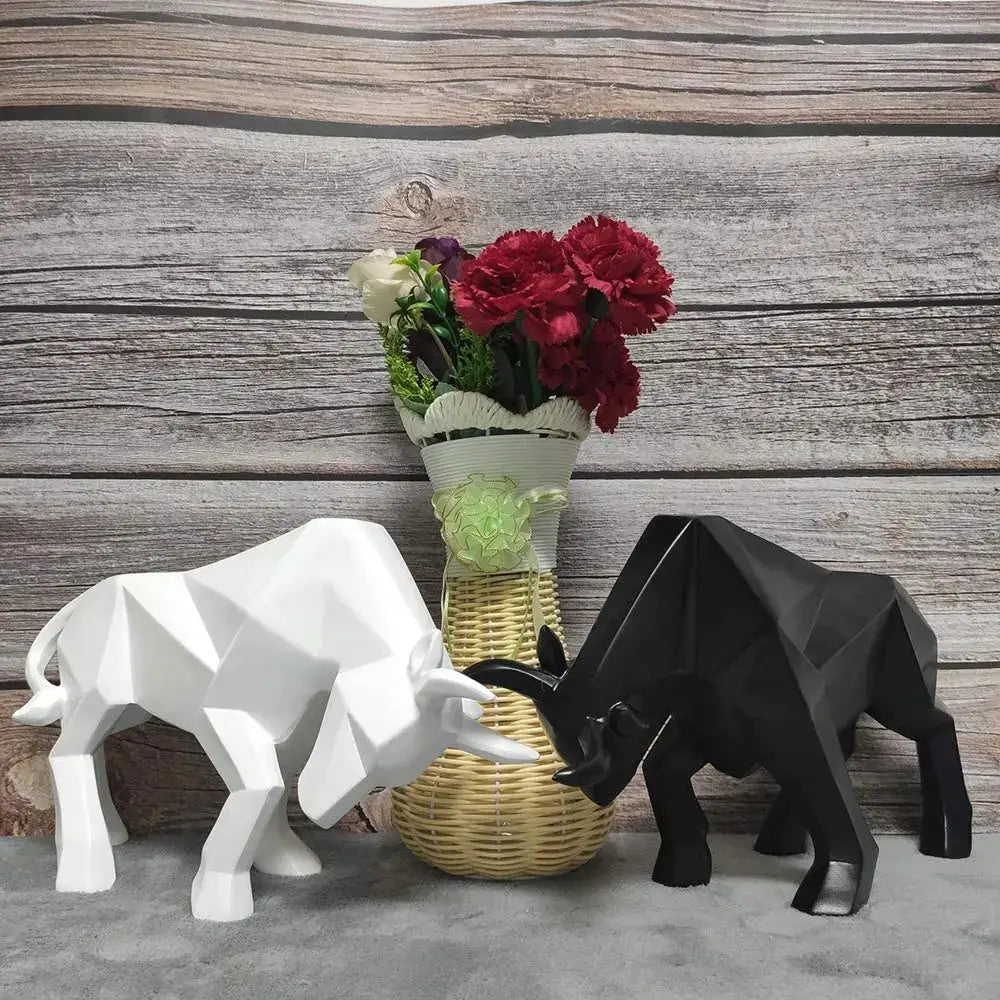 Modern black & white geometric bull sculpture living room decor